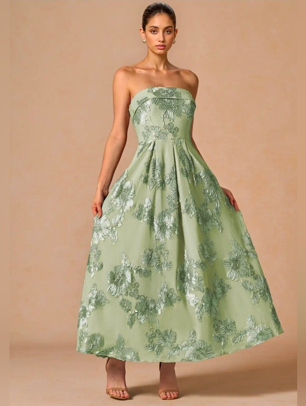Azazie Strapless Floral Midi Dress in Sage Green